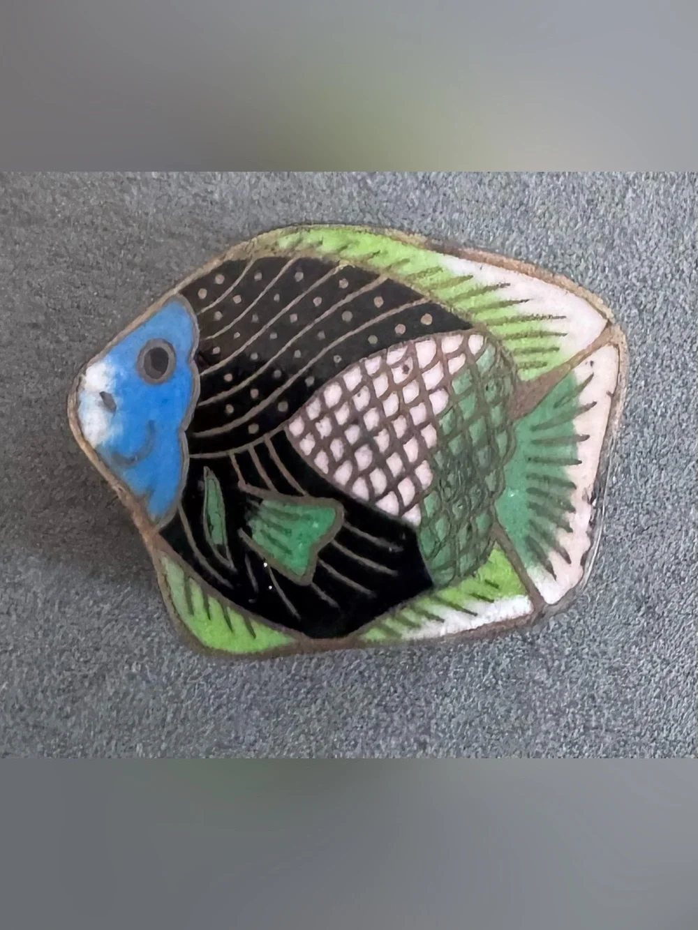 Enamel Trinket Box with Fish Motif in Blue, Black & Green